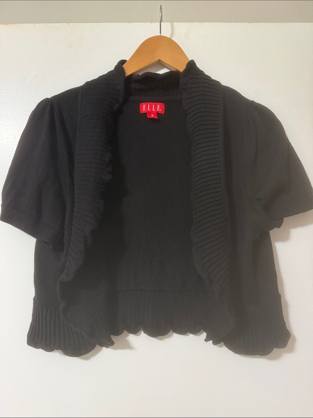 ELLE Black Short Sleeve Open-Front Cardigan with Scalloped Hem